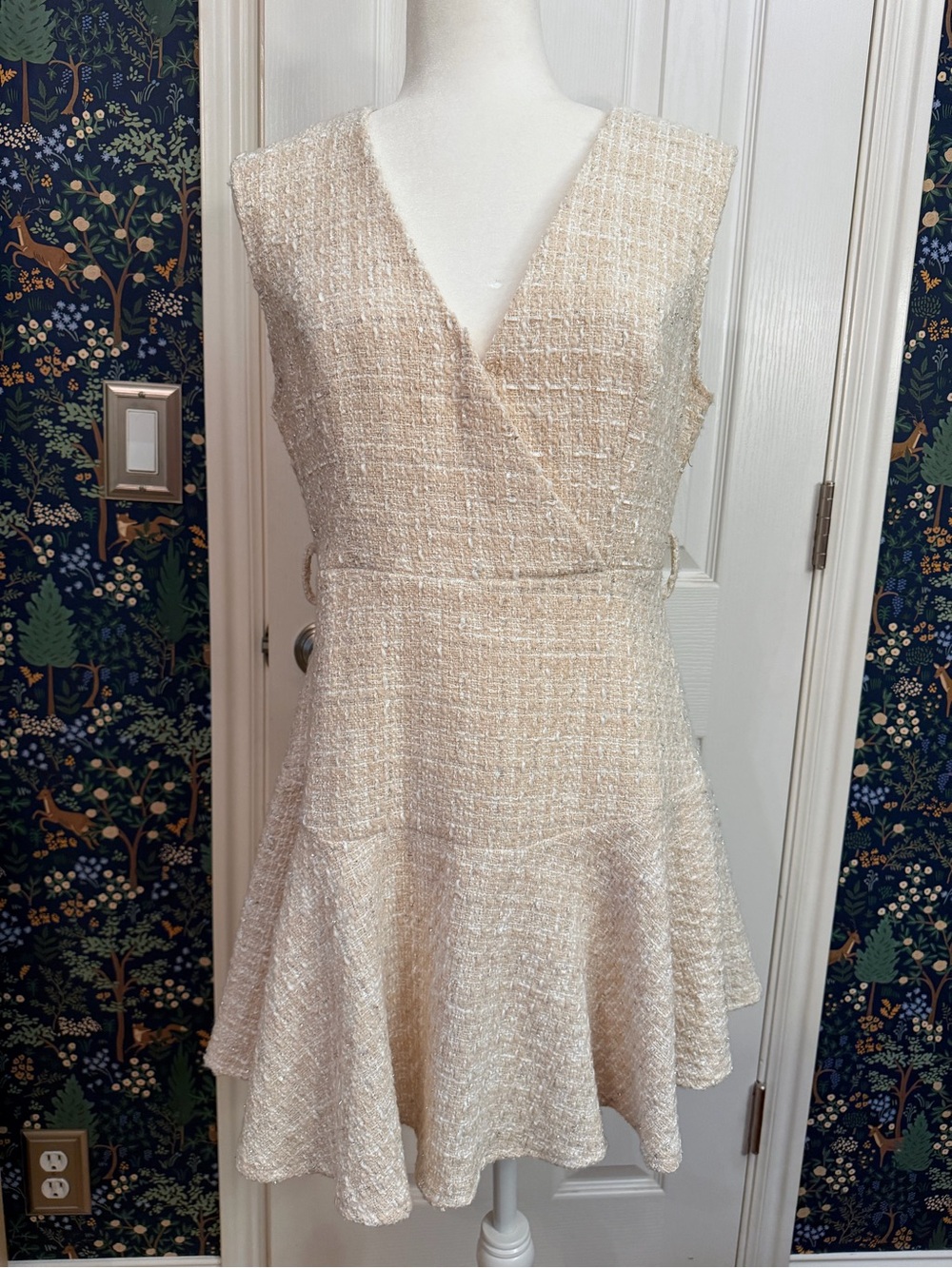 Cider Cream Tweed Sleeveless V-Neck Mini Dress